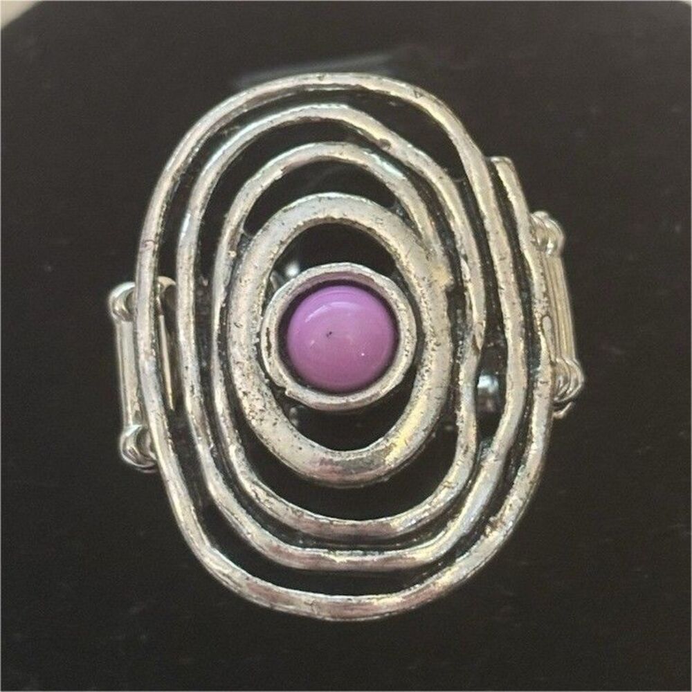 Silver Tone Statement Cocktail Ring Oval Swirl Bezel Purple Cabochon adjustable
